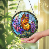 Monarch Butterfly Stained Glass Suncatcher, Round Floral Window Panel with Purple Flowers, Nature Garden Glass Art Spring Home Decor Gift